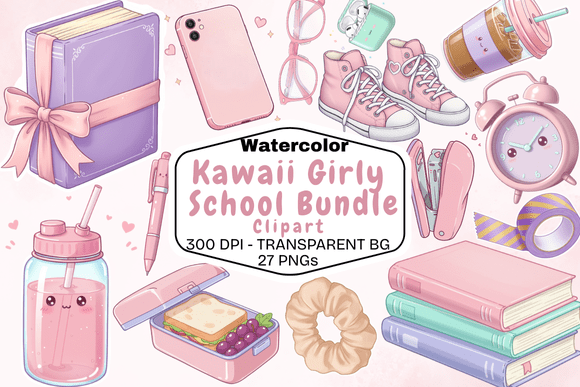 Download Watercolor Kawaii Girly School Clipart - School Collection